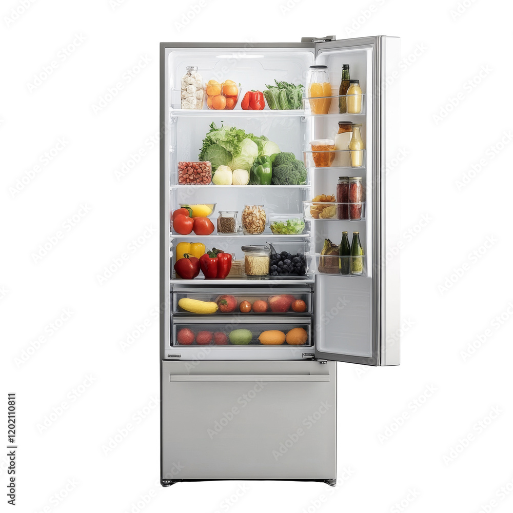 A stainless steel refrigerator is open, showcasing a well-organized selection of fresh produce, fruits, and various groceries neatly arranged on its shelves and drawers. A stainless steel refrigerator is open, showcasing a well-organized selection of fresh produce, fruits, and various groceries neatly arranged on its shelves and drawers.