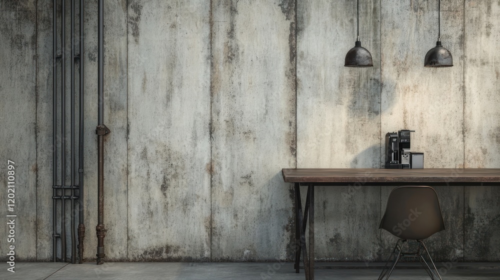 Rustic industrial interior design with concrete wall, wooden desk, metal pipes, and pendant lights. Rustic industrial interior design with concrete wall, wooden desk, metal pipes, and pendant lights.