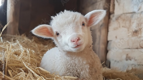 A baby lamb is laying in a hay bed