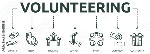 Printvolunteering outline banner icon of charity, help, together, support, unity, donation, community