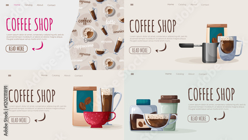 Website Header Templates for Coffee Shops and Online Stores. Vector Design with a Coffee Cup and Hot Beverage Illustration.