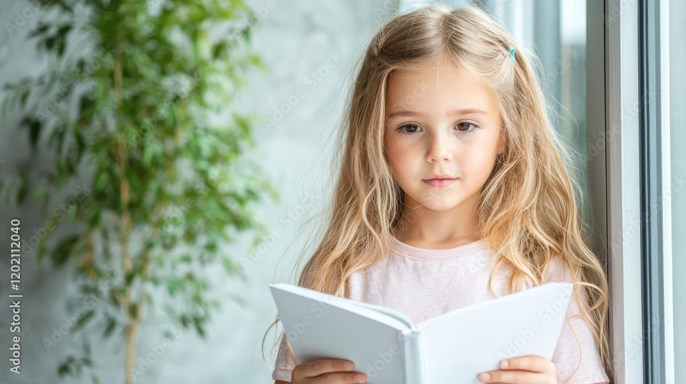 Girl reading book near window, plants blurred background, home education Girl reading book near window, plants blurred background, home education
