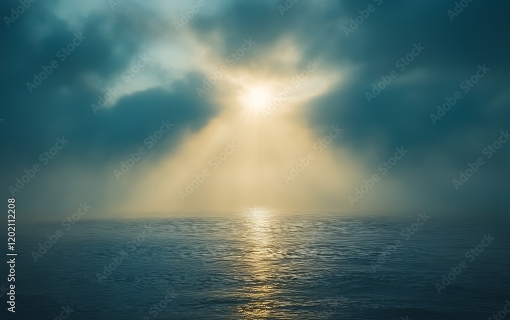 Sun rays breaking through dark clouds over calm sea. Sun rays breaking through dark clouds over calm sea.