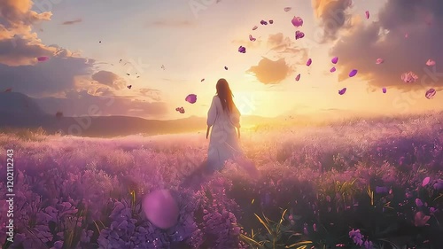 A serene woman walks through a lavender field at sunset, enveloped in a dreamlike atmosphere.