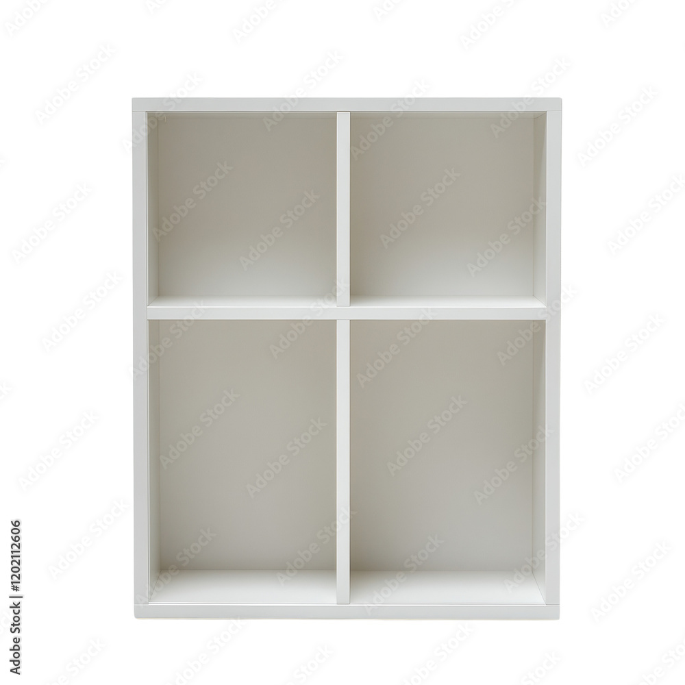 A simple, empty, four-compartment white shelf unit stands against a textured white wall. A simple, empty, four-compartment white shelf unit stands against a textured white wall.