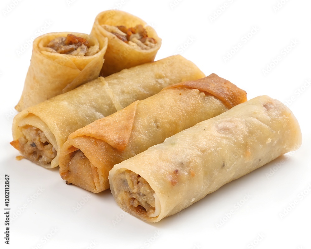 lumpia spring rolls made using thin sheets of rice paper in which the filling is wrapped, isolated on white background
lumpia spring rolls made using thin sheets of rice paper in which the filling is wrapped, isolated on white background