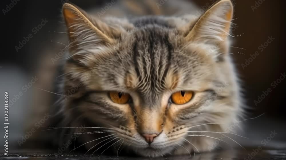 A cat with a yellow eye is looking at the camera. The cat is sitting on a surface and he is relaxed A cat with a yellow eye is looking at the camera. The cat is sitting on a surface and he is relaxed