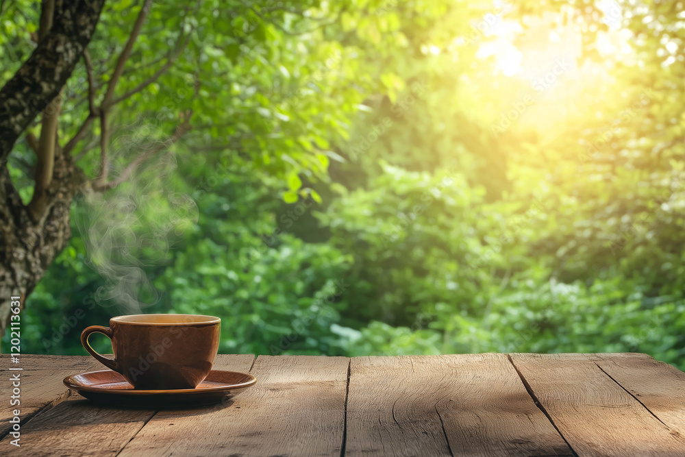 Morning Coffee Cup with Rising Steam on a Wooden Surface, Surrounded by Lush Green Foliage Morning Coffee Cup with Rising Steam on a Wooden Surface, Surrounded by Lush Green Foliage