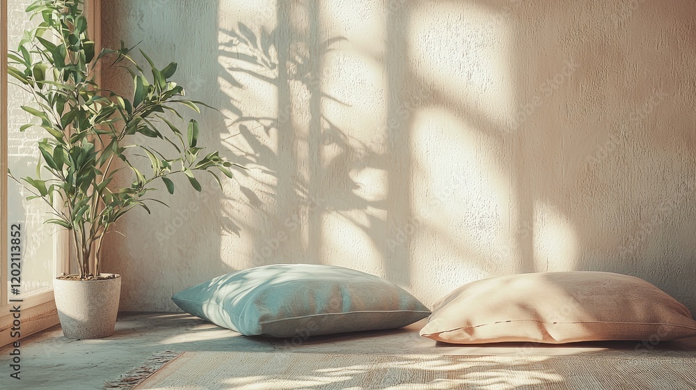 Fototapeta premium Serene Sunlit Corner Peaceful Interior Scene with Soft Pillows and a Lush Plant