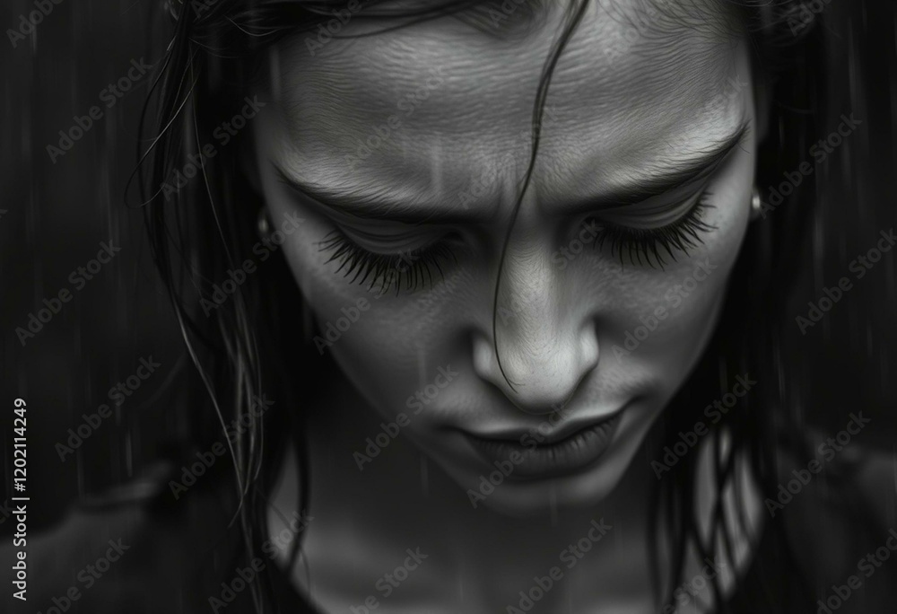 Wet woman under heavy rain with sad expression Wet woman under heavy rain with sad expression