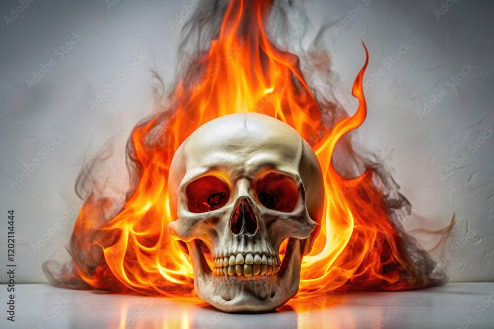 Abstract burning skull image; fiery orange and red flames against a stark white background. Abstract burning skull image; fiery orange and red flames against a stark white background.