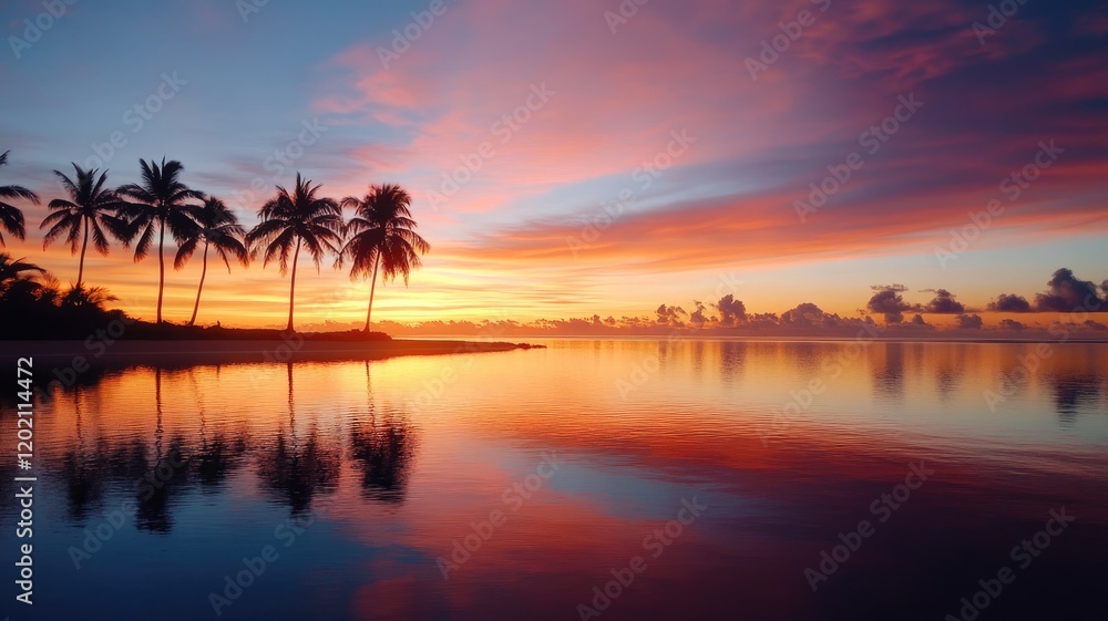 Obraz premium Spectacular tropical beach sunset with palm trees and reflection on water