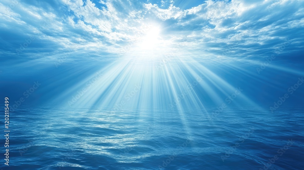 Sun rays pierce through clouds, illuminating ocean waves beneath Sun rays pierce through clouds, illuminating ocean waves beneath