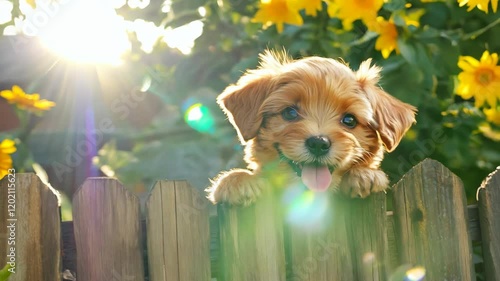 Curious Puppy Peeks Over Fence with Tongue Out, Playful Scene