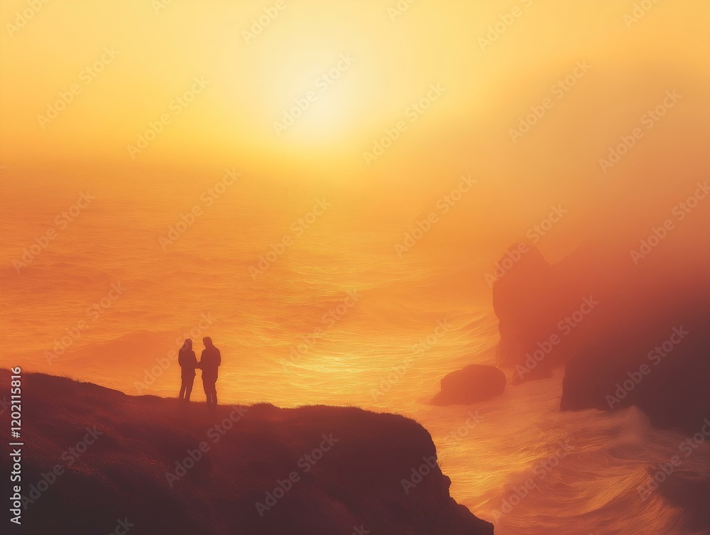 Fototapeta premium couple at sunset silhouette couple standing on a cliff at sunset
