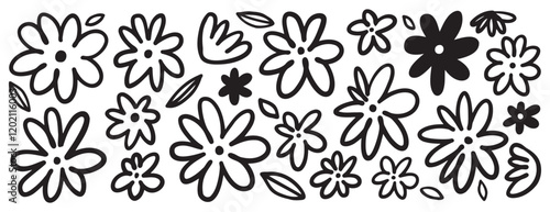 Chamomile doodle hand drawn line set. Ink drawing flowers freehand cute outline black clipart. 