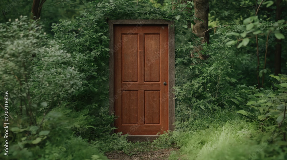 A wooden door is surrounded by green bushes A wooden door is surrounded by green bushes
