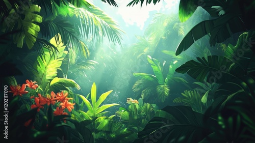 Lush tropical jungle with sunlight filtering through dense foliage photo