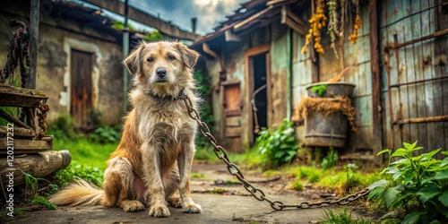 A heartbreaking image: a thin dog, chained and neglected, symbolizes rural poverty and its impact on animals.