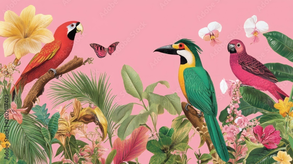 Obraz premium Vibrant tropical birds and flowers on pink background.