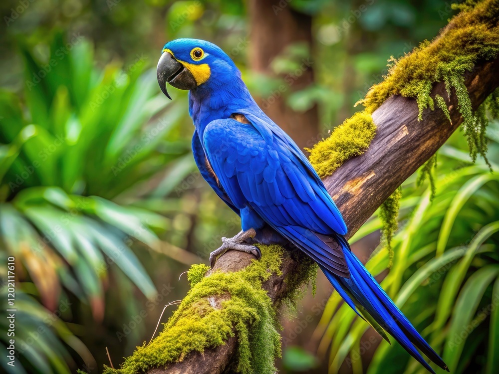 Obraz premium Amazon rainforest panorama: a long-exposure captures the vibrant plumage of an endangered Hyacinth Macaw, a Brazilian parrot.