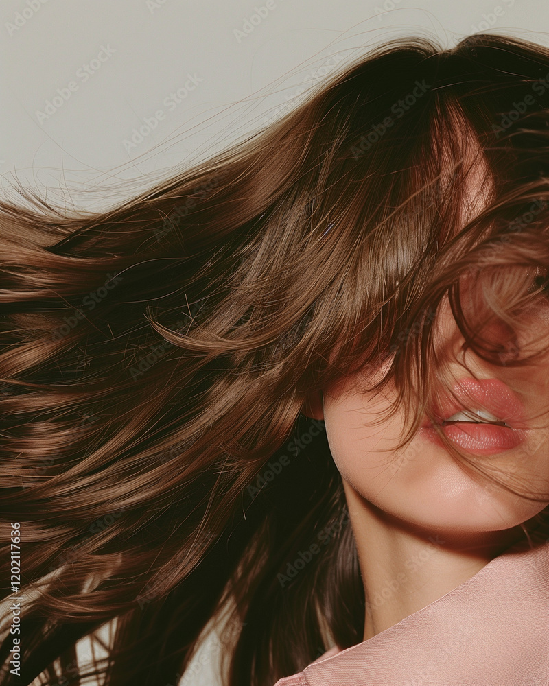 Femme cheveux bruns châtains lisses brillants, vue de profil, vue de face, coiffure, beauté, studio, naturel, gros plan, mouvement Femme cheveux bruns châtains lisses brillants, vue de profil, vue de face, coiffure, beauté, studio, naturel, gros plan, mouvement