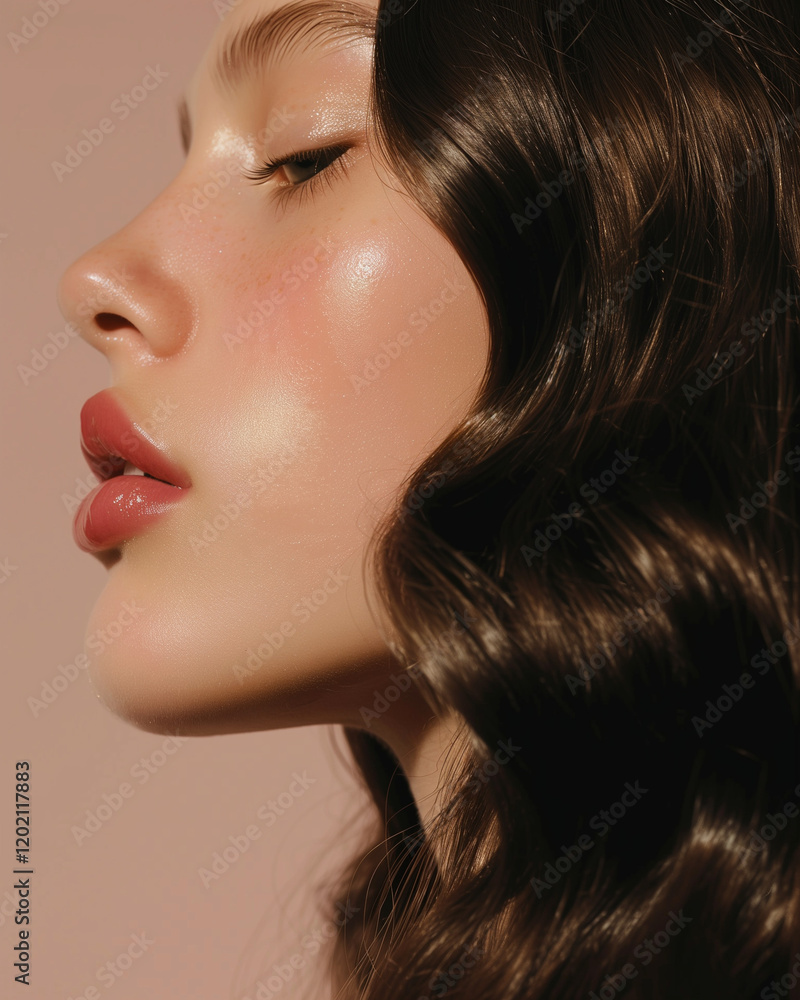 Femme cheveux brun ondulés bouclés, ondulations boucles, vue de profil, coiffure, beauté, studio, naturel, gros plan visage Femme cheveux brun ondulés bouclés, ondulations boucles, vue de profil, coiffure, beauté, studio, naturel, gros plan visage