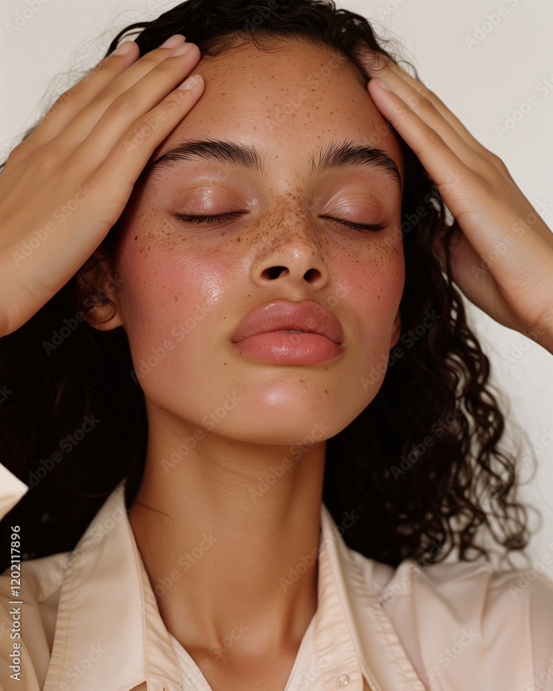 Chevelure bouclée, femme métisse, vue de face, main dans les cheveux, coiffure, beauté, studio, massage crâne Chevelure bouclée, femme métisse, vue de face, main dans les cheveux, coiffure, beauté, studio, massage crâne