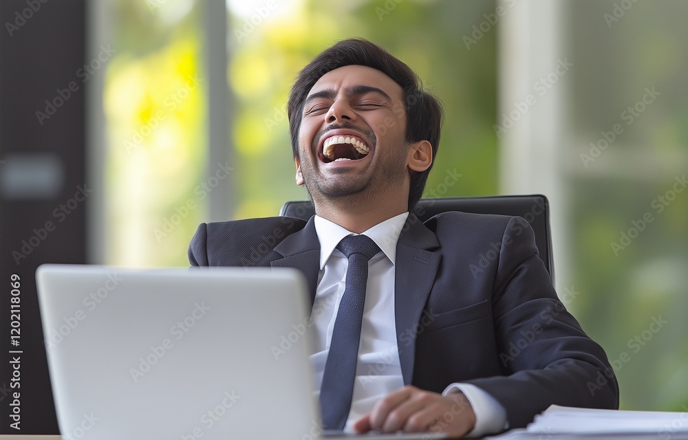 An Indian businessman is joyfully grinning and laughing while seated at a desk with a laptop. An Indian businessman is joyfully grinning and laughing while seated at a desk with a laptop.