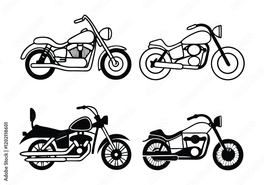 Obraz premium Minimalist Motorcycle Icons Set | Hand-Drawn Line Art Vector Illustrations