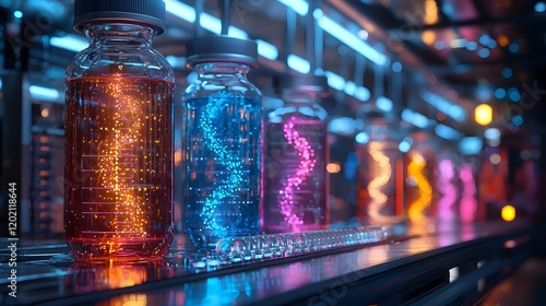 Cutting edge biotech laboratory featuring colorful glassware and a prominently detailed DNA strand showcasing the latest advancements in scientific research and discovery