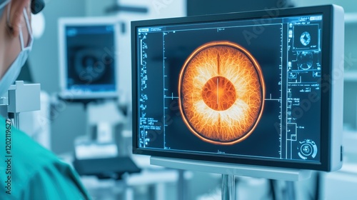 Eye Center Hospital Concept, Doctor Analyzing Retinal Imaging on Digital Screen in Medical Setting