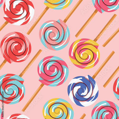 Seamless pattern with silly colorful lollipops on a pink background. hand drawn vector illustration with candy in cartoon style