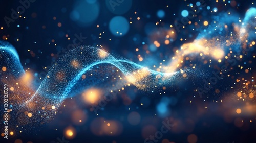 Abstract blue and golden particles flowing on a dark background creating energy waves