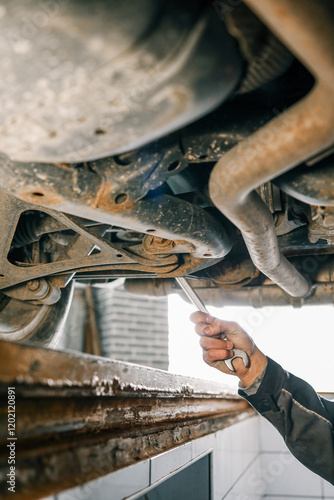 Mechanic's hand holding a wrench, working underneath a car on a lift. The view shows a close-up of the suspension and exhaust system in a garage setting photo