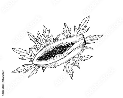 Vector monochrome fresh half papaya fruit with seeds among leaves hand drawn illustration painted by black inks. Sweet pawpaw plant graphic sketch illustration. Summer juicy fruits for print