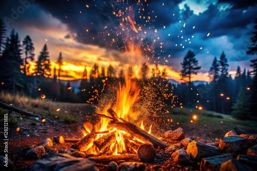 Campfire s fiery heart illuminates the dark forest night  embers glowing.