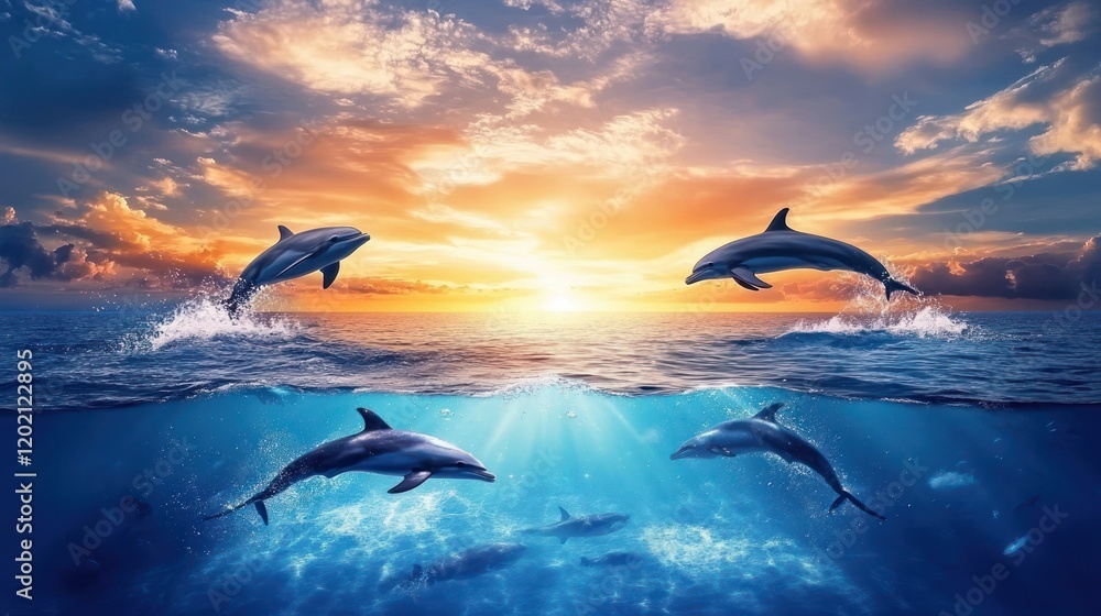 Fototapeta premium Four dolphins leap and swim in ocean sunset.