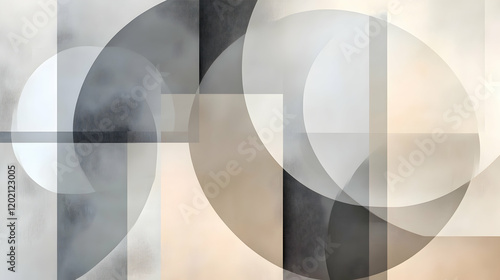 Geometric layout with overlapping translucent shapes in muted gray and beige tones, forming a minimalist and modern abstract design