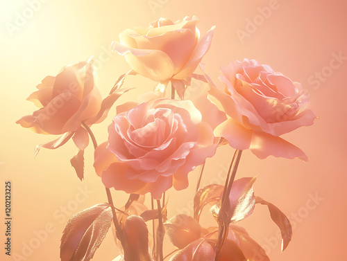 vivid portrayal of a pink rose bouquet representing diverse love, arranged gracefully with a golden light backdrop and a soft