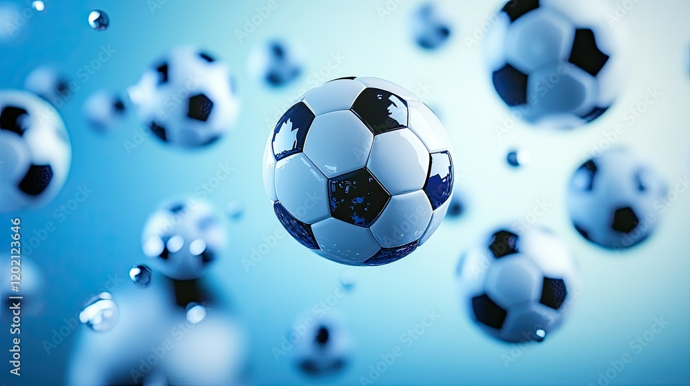 Naklejka premium A collection of soccer balls appears to be floating against a solid light blue background.