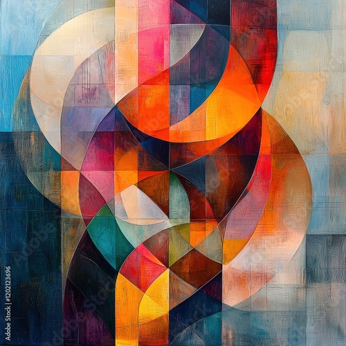 Vivid geometric abstraction with layered circular and rectangular shapes. Colors evoke warmth and energy. Suitable for modern interiors or digital backgrounds.