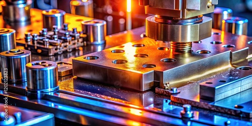 Close-up of progressive die stamping showcasing precise metal forming in industrial sheet metal fabrication.