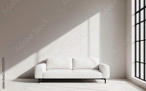 Modern white sofa illuminated by sunlight in a minimalistic interior space.