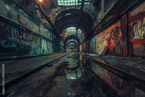 Capture the gritty beauty of urban exploration from a unique perspective, showcase the essence of virtual reality experiences, using unexpected camera angles to immerse viewers in a surreal world, com photo