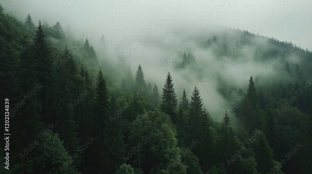 A forest with a thick fog covering the trees A forest with a thick fog covering the trees