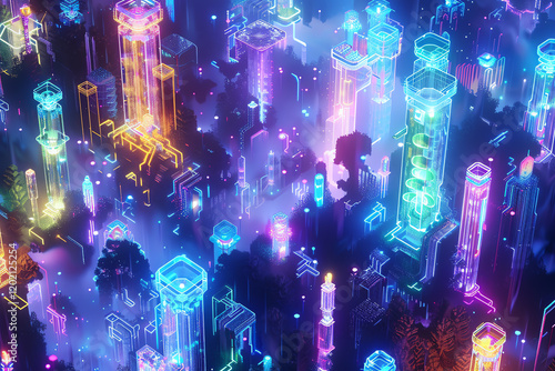 Capture the mesmerizing chaos of a neon jungle from a high angle view in a pixel art digital rendering technique Illuminate bioelectricity with vivid colors, intricate details, and a sense of futurist photo