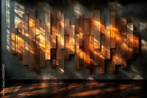 geometric wall installation of light maple and dark walnut strips creating rhythmic shadow play