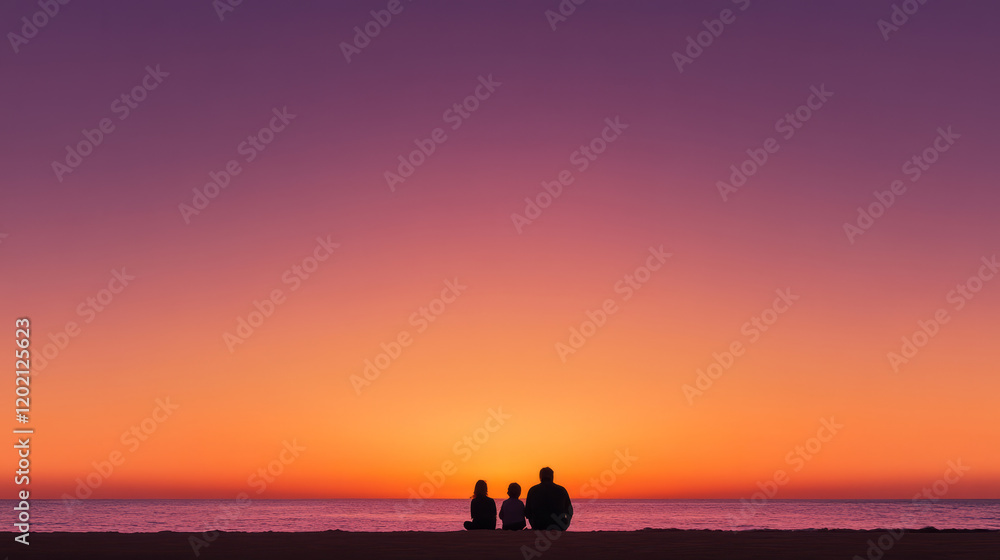 Silhouettes of a family sitting on the shore, watching the sun dip below the horizon. Sunset beach relaxation and bonding concept. Silhouettes of a family sitting on the shore, watching the sun dip below the horizon. Sunset beach relaxation and bonding concept.