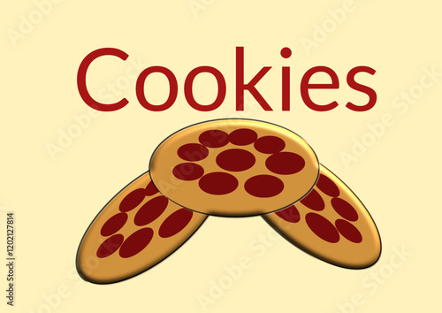  Cookies text with two delicious chocolate chip cookies illustration on a light background, perfect for web design, food blogs, or confectionery themes. Evokes sweetness and homemade treats